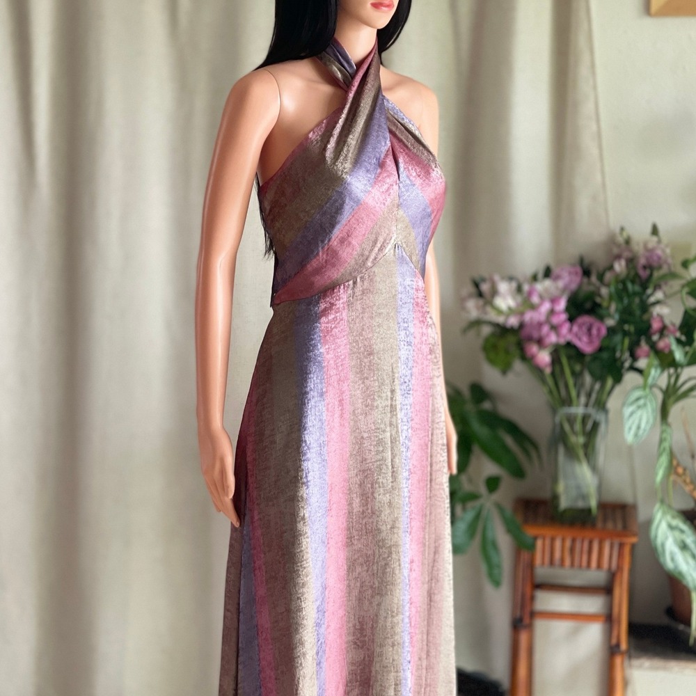 NWT Mestiza Copacabana Halter Midi Dress Disco Stripe Metallic Pink Gold Size 10